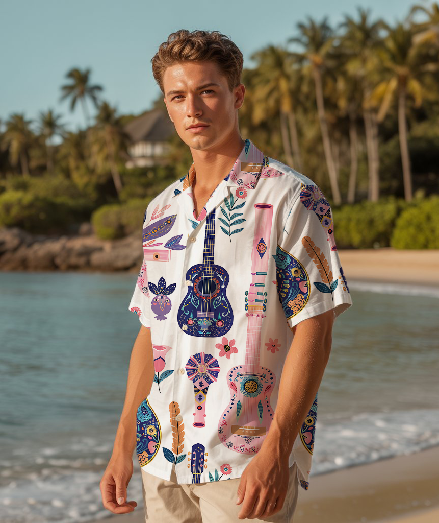 Floral Guitar Serenade - Hawaiian Shirt For Men - Summer Shirt For Men