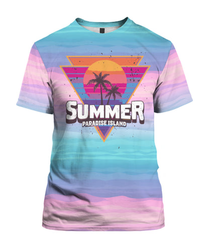 "Summer Paradise Island" Retro Graphic T-Shirt - Geometric Sunset Palm Tee