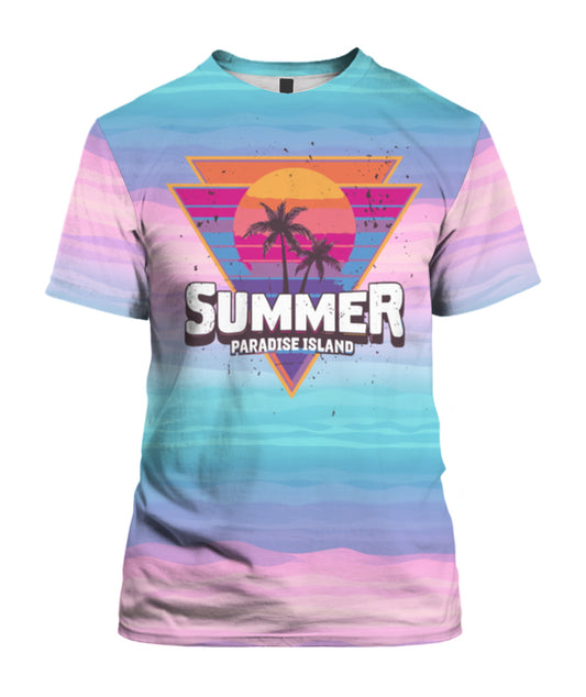 "Summer Paradise Island" Retro Graphic T-Shirt - Geometric Sunset Palm Tee