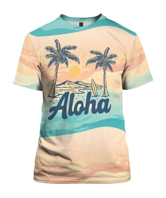 "Aloha" Tropical Beach Scene Graphic T-Shirt - Sunset Palm & Surf Tee
