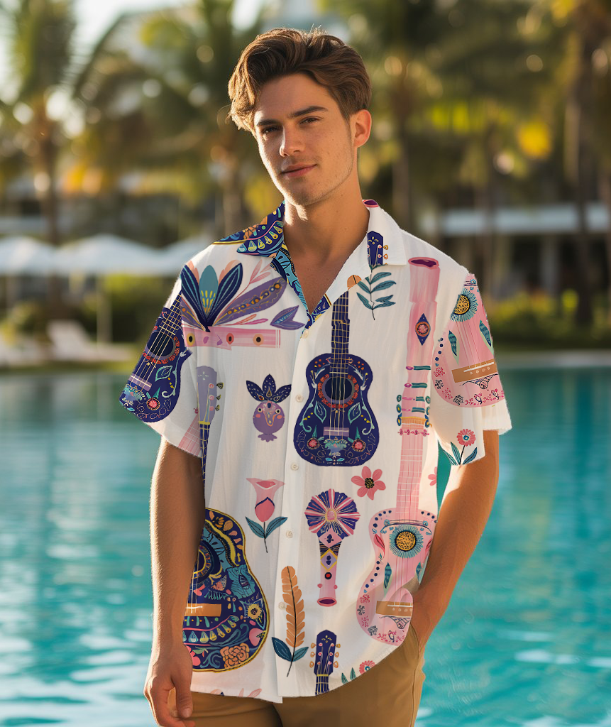 Floral Guitar Serenade - Hawaiian Shirt For Men - Summer Shirt For Men