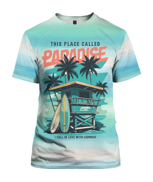 "Paradise Summer" Graphic Print T-Shirt - Unisex Beach Scene Vacation Tee