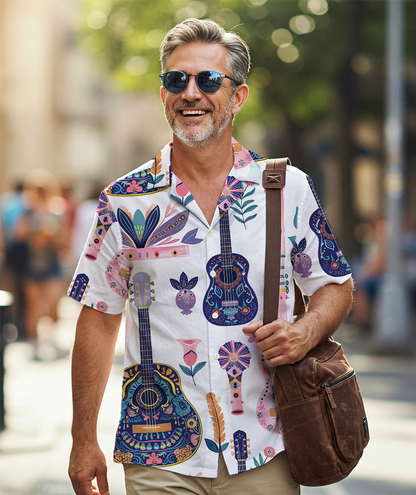 Floral Guitar Serenade - Hawaiian Shirt For Men - Summer Shirt For Men