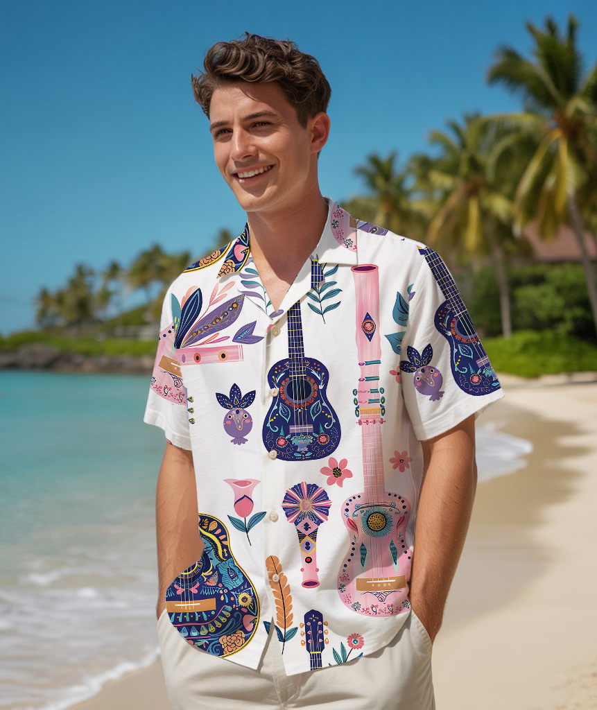 Floral Guitar Serenade - Hawaiian Shirt For Men - Summer Shirt For Men