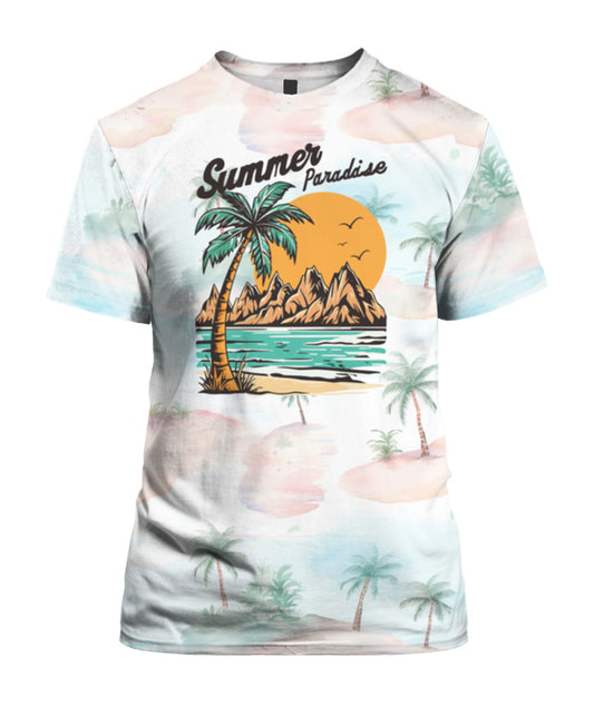 "Summer Paradise" Tropical Island Graphic T-Shirt - Scenic Palm Sunset Tee