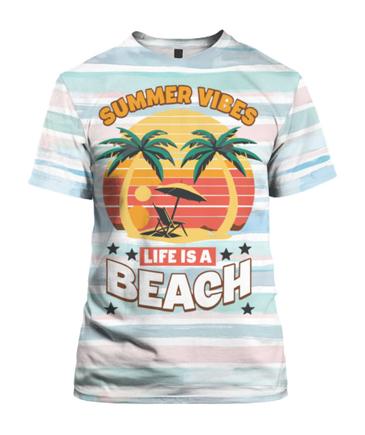 "Summer Vibes Life is a Beach" Graphic T-Shirt - Tropical Sunset Palm Tee