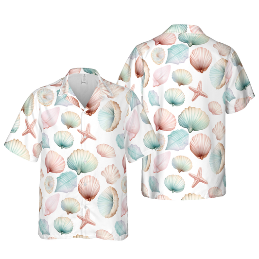 Unisex Pastel Seashell & Starfish Print Hawaiian Shirt - Coastal Treasures Beach Button-Up