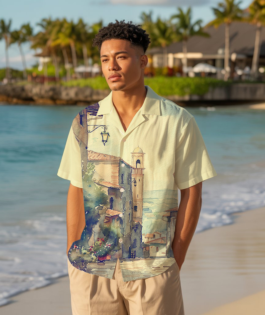 Coastal Village Watercolor - Aloha Shirt For Men - Summer Outfit For Men