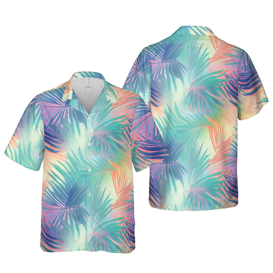 Men's Vibrant Tropical Palm Leaf Print Hawaiian Shirt - Neon Pop Color Vacation Button-Up