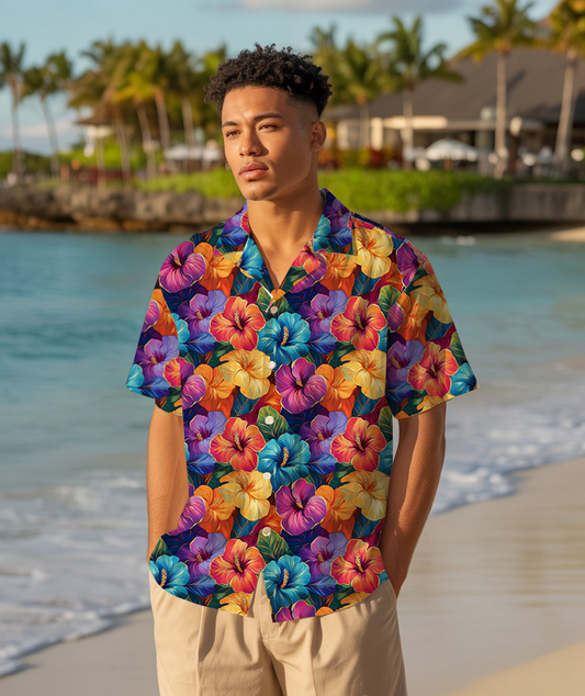 Electric Bloom Paradise - Man In Hawaiian Shirt - Summer Outfit For Men