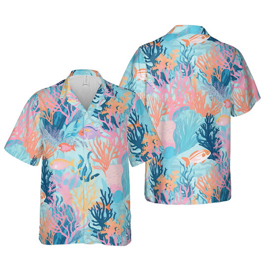 Unisex Coral Reef & Ocean Life Print Hawaiian Shirt - Vibrant Underwater Scene Button-Up