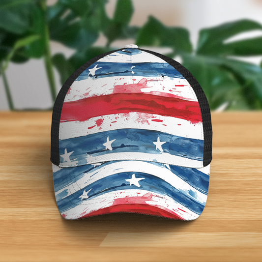 Patriotic American Flag Watercolor Trucker Hat - Stars & Stripes Cap