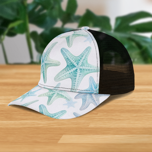 Watercolor Starfish Coastal Trucker Hat - Ocean Blue & Green Print Cap