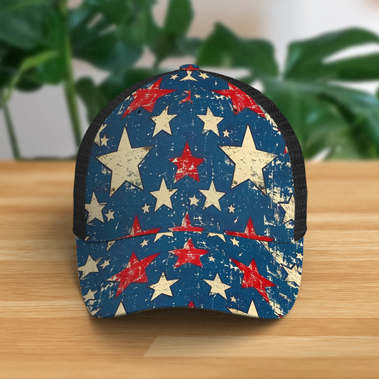 Vintage Patriotic Stars Trucker Hat - Distressed American Pride Cap