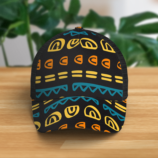Retro Geometric Abstract Trucker Hat - Vibrant Tribal Style Cap