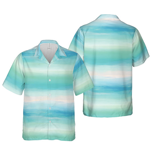 Men's Serene Watercolor Stripe Camp Collar Shirt - Abstract Cool Tones Summer Button-Up