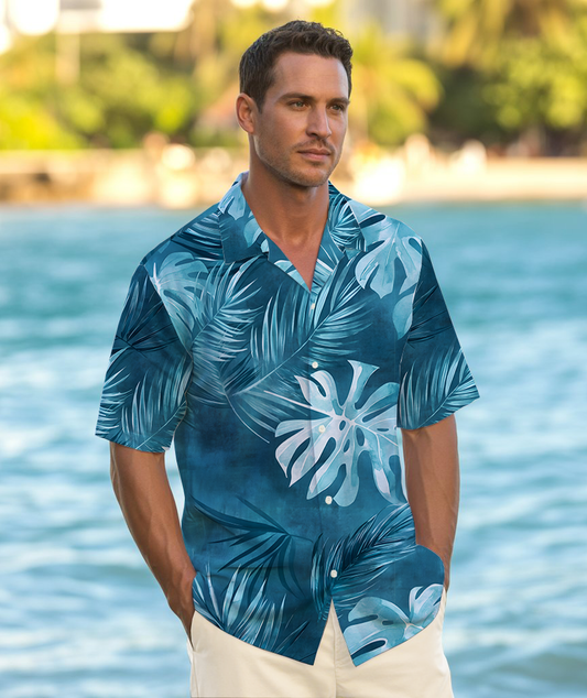 Men’s Midnight Jungle Hawaiian Shirt – Blue Tropical Leaf Print