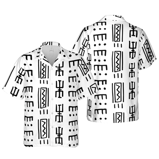 Men's Monochrome Abstract Symbol Print Camp Collar Shirt - Casual Graphic Button-Up