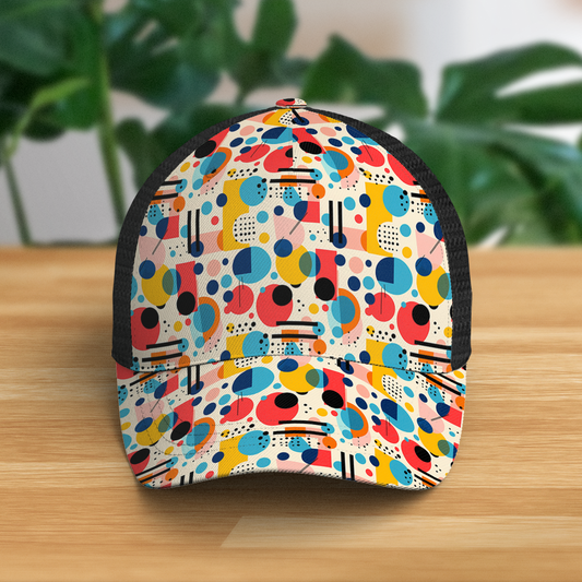 Memphis Style Geometric Abstract Trucker Hat - Retro 80s Vibe Cap