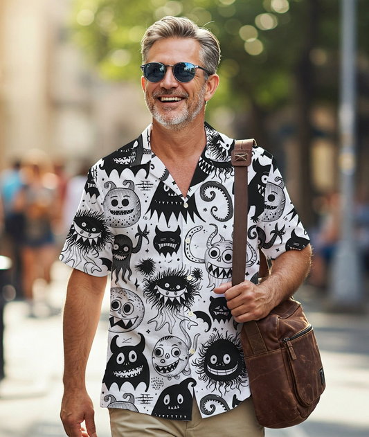Doodle Monster Party - Guys Hawaiian Shirts - Beach Shirt For Men
